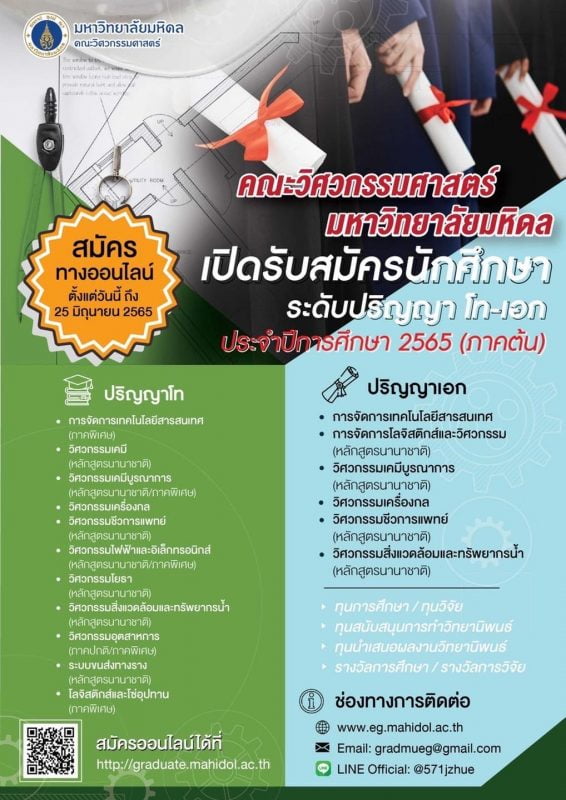 วิศวะมหิดล เปิดรับสมัคร น.ศ. ระดับ ป.โท และ ป.เอก ประจำปี 2565 วันนี้ - 25  มิ.ย. 65 | Thaipr.Net