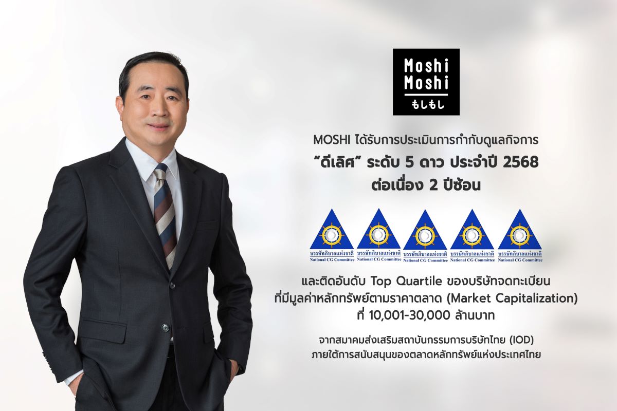 "MOSHI" คว้าคะแนน CGR ในเกณฑ์ "ดีเลิศ" ระดับ 5 ดาว ต่อเนื่อง 2 ปีซ้อน สะท้อนการพัฒนาและยกระดับการกำกับดูแลกิจการที่ดีอย่างต่อเนื่อง https://www.thaipr.net/wp-content/uploads/2025/10/MOSHI-%E0%B8%84%E0%B8%A7%E0%B9%89%E0%B8%B2%E0%B8%84%E0%B8%B0%E0%B9%81%E0%B8%99%E0%B8%99-CGR-2-%E0%B8%9B%E0%B8%B5%E0%B8%8B%E0%B9%89%E0%B8%AD%E0%B8%99.jpg